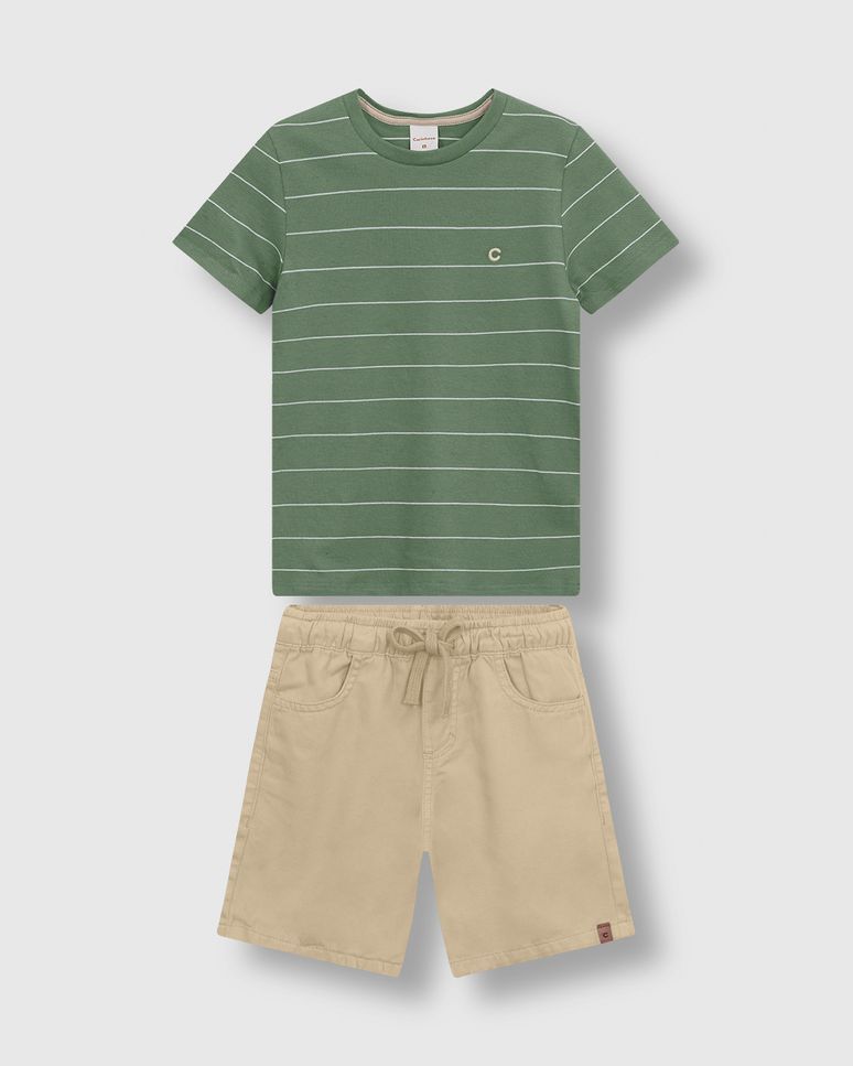 Conjunto Menino Camiseta Listrada Em Piquet Linho - Carinhoso