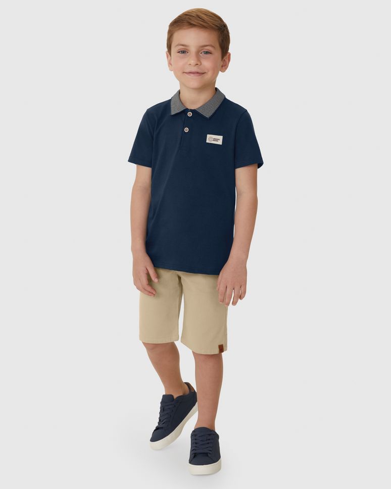 Conjunto Menino Camisa Gola Contraste Polo Em Algodão Pima - Carinhoso