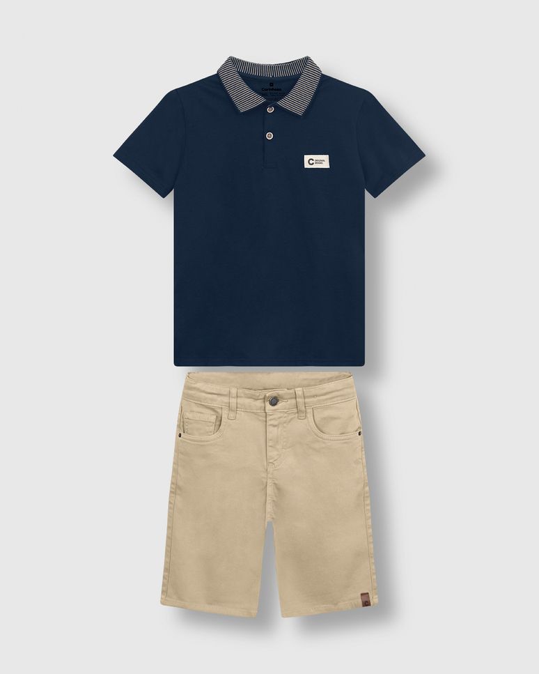Conjunto Menino Camisa Gola Contraste Polo Em Algodão Pima - Carinhoso