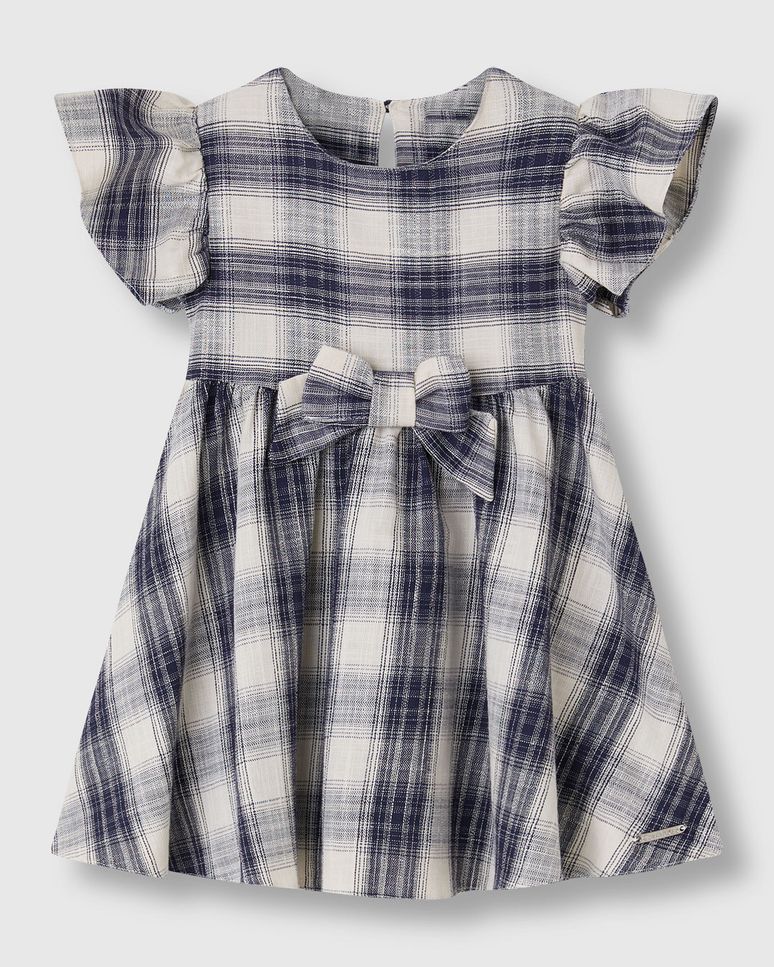 Vestido Menina Xadrez Laço Frontal Em Algodão Texturizado - Carinhoso