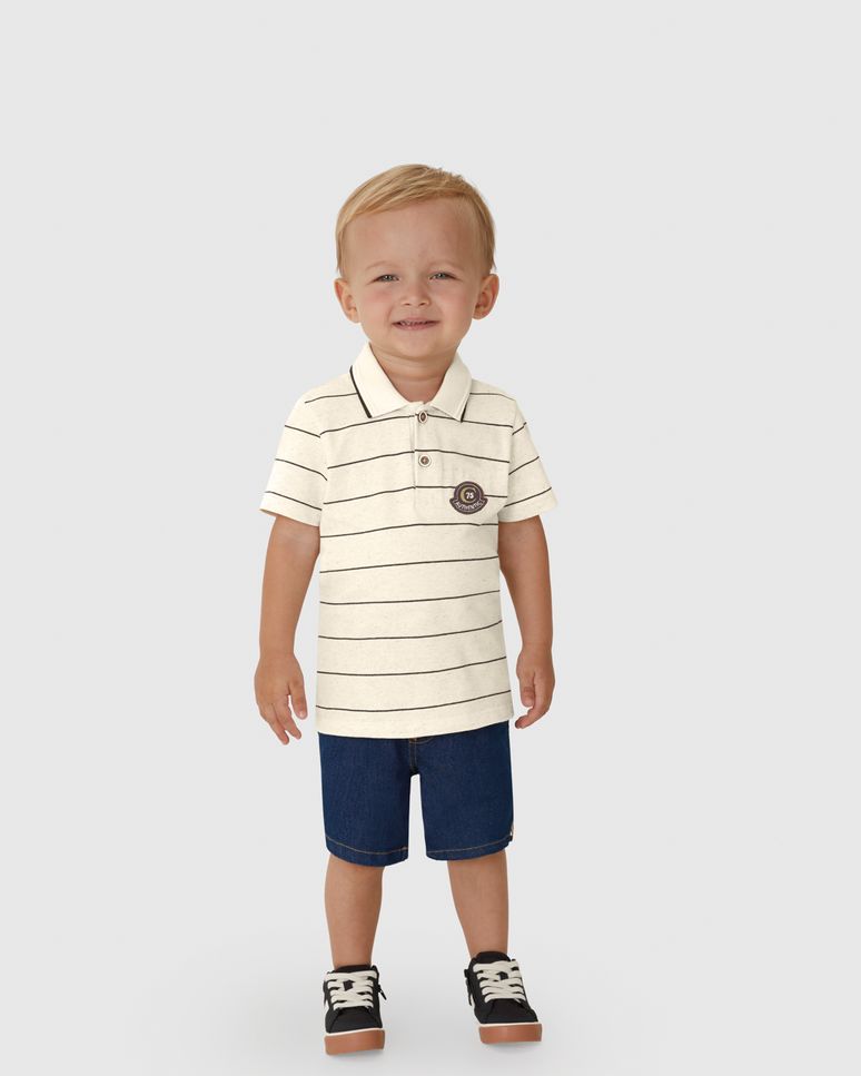 Conjunto Menino Camisa Polo Listrada E Bermuda Jeans Stretch - Carinhoso
