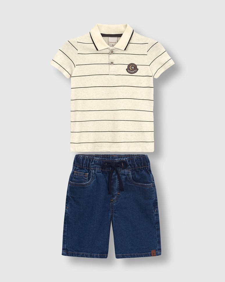 Conjunto Menino Camisa Polo Listrada E Bermuda Jeans Stretch - Carinhoso