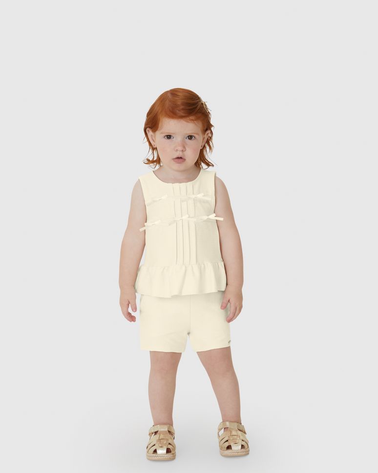 Conjunto Menina Blusa Aplique Laços Frontais Em Malha Texturizada - Carinhoso