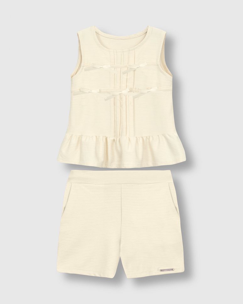 Conjunto Menina Blusa Aplique Laços Frontais Em Malha Texturizada - Carinhoso
