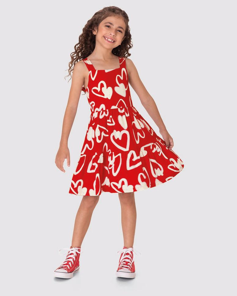 Vestido Infantil Rodado Estampa Digital Corações Em Viscose Malwee Kids