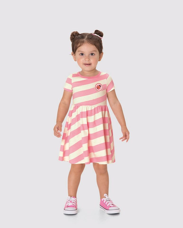 Vestido Infantil Estampa Listrada E Detalhe Puff Em Algodão Malwee Kids