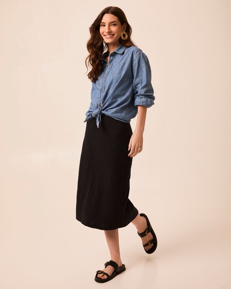Saia Midi Feminina Reta Em Malha Jacquard