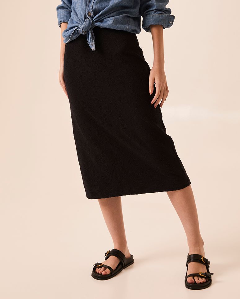 Saia Midi Feminina Reta Em Malha Jacquard
