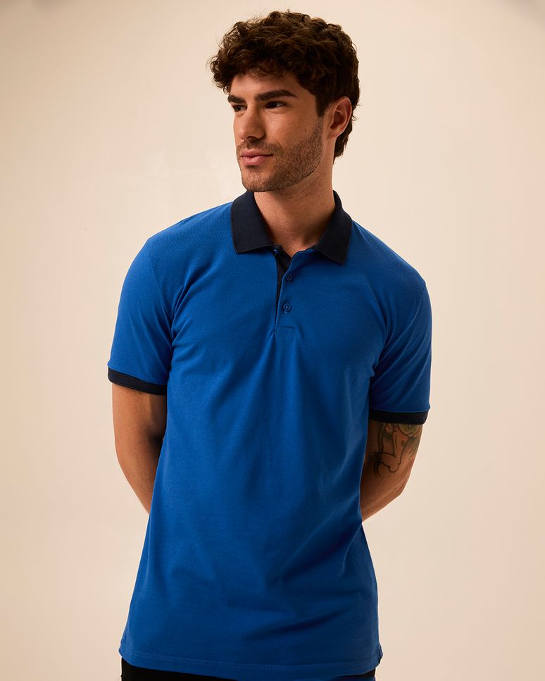 Camisa Polo Masculina Slim Manga Curta Gola Contraste Em Piquet Stretch