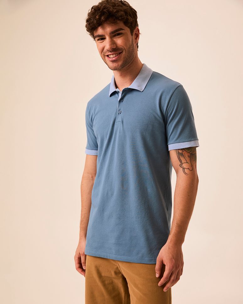 Camisa Polo Masculina Slim Manga Curta Gola Contraste Em Piquet Stretch