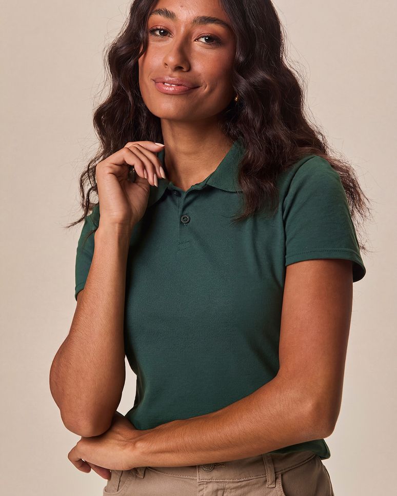 Camisa Polo Básica Feminina Com Peitilho Em Piquet Stretch