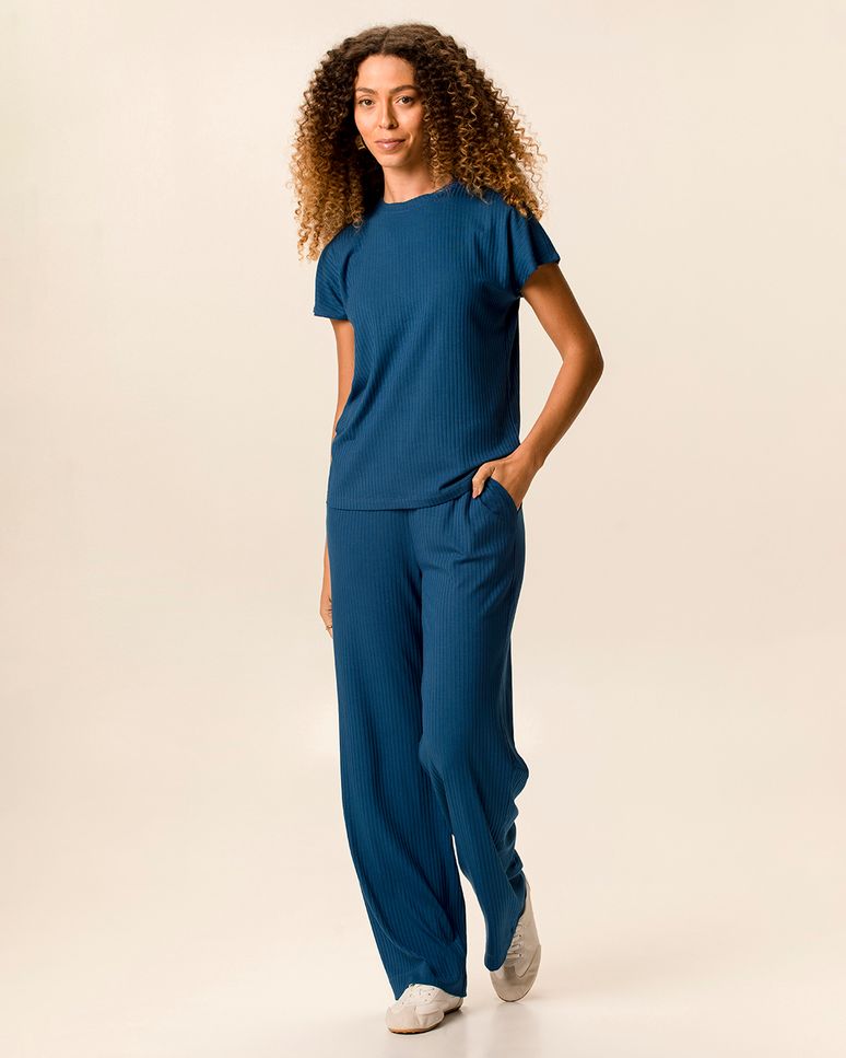 Calça Básica Feminina Wide Leg Bolso Faca Em Malha Viscose Canelada