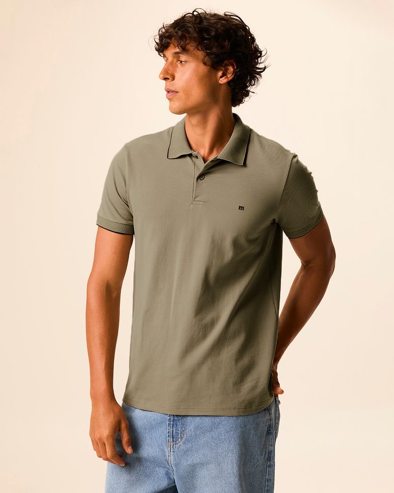 Camisa Polo Básica Masculina Slim Manga Costura Contraste Em Piquet Stretch