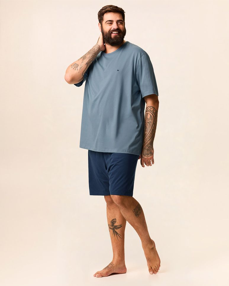 Pijama Curto Masculino Plus Size Camiseta E Bermuda Em Malha Algodão