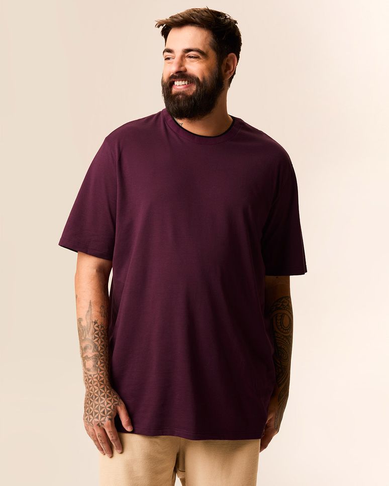 Camiseta Masculina Plus Size Gola Contraste Em Malha Texturizada