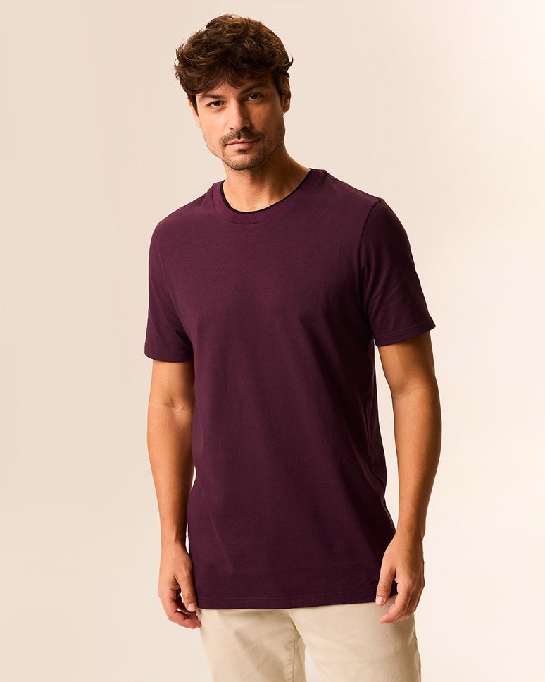 Camiseta Masculina Slim Gola Contraste Em Malha Texturizada