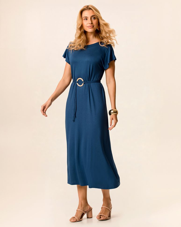 Vestido Midi Feminino Evasê Acompanha Cinto Em Malha Viscose Stretch