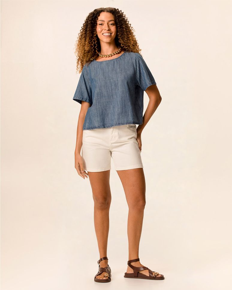 Bermuda Feminina Comfort Cintura Média Em Sarja Com Elastano