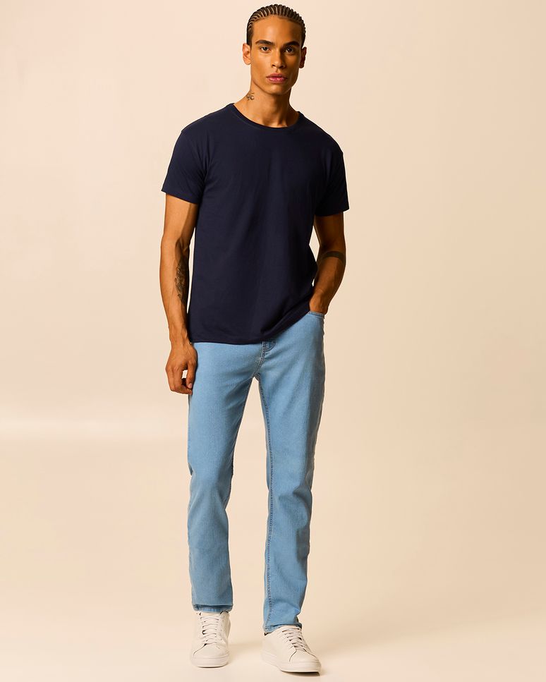 Calça Slim Masculina Cintura Média Bolso Funcional Em Jeans Stretch