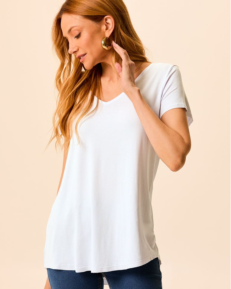 Blusa Básica Feminina Mullet Decote V Em Viscose Stretch