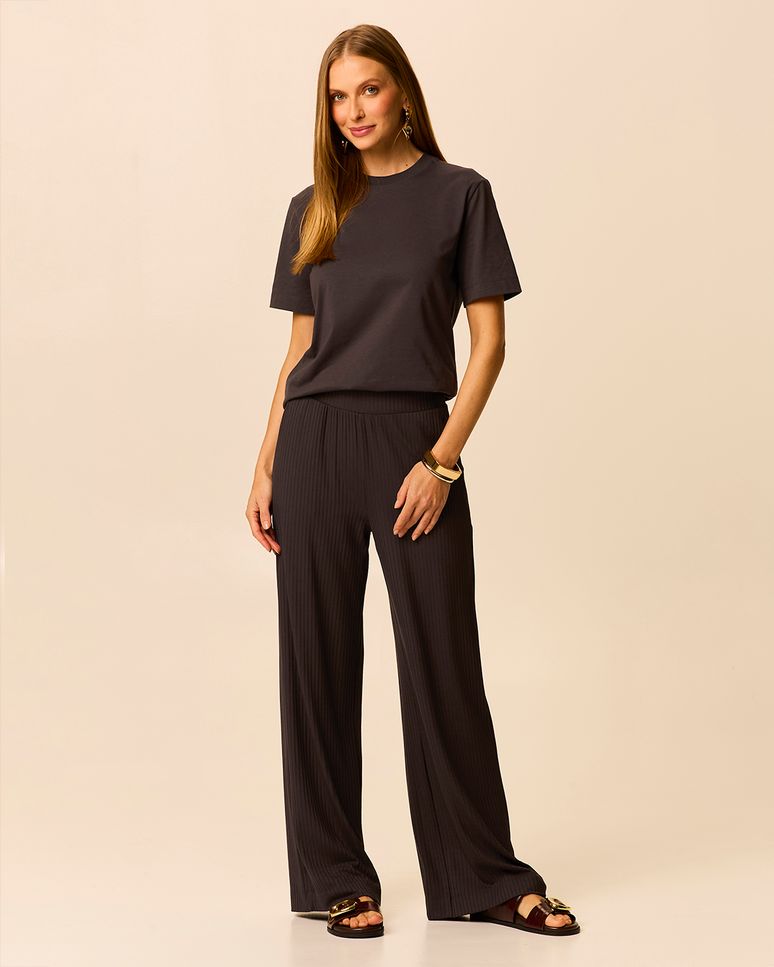 Calça Básica Feminina Wide Leg Bolso Faca Em Malha Viscose Canelada