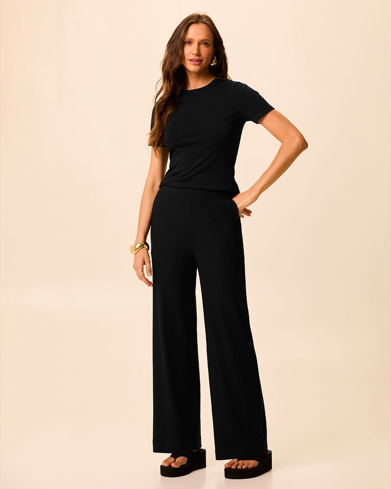 Calça Básica Feminina Wide Leg Bolso Faca Em Malha Viscose Canelada