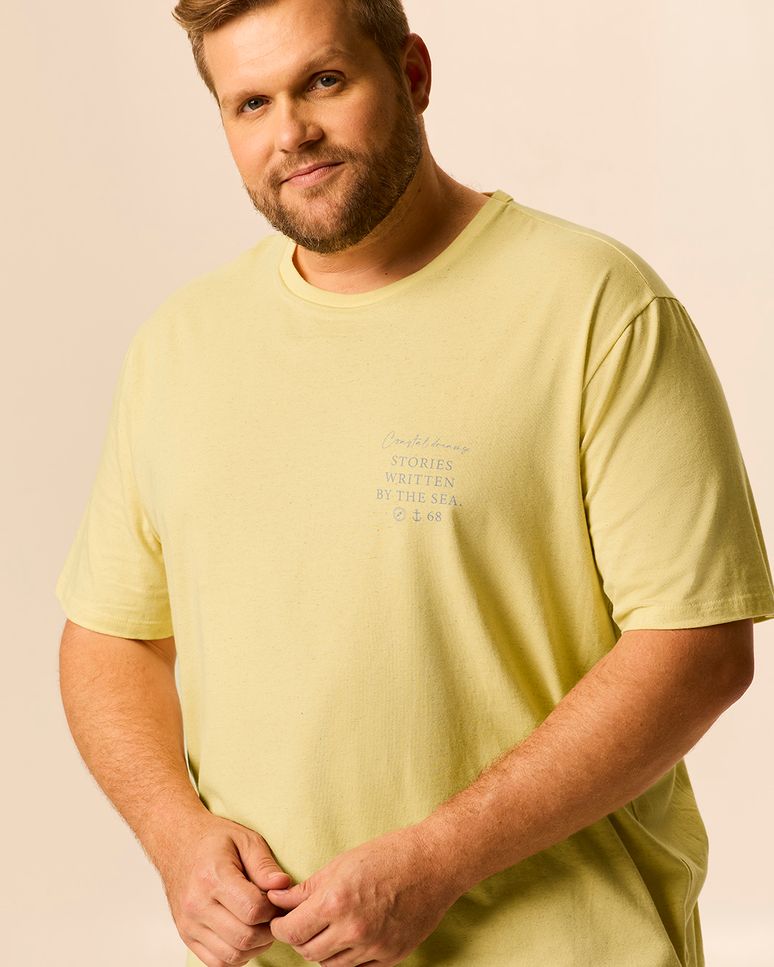 Camiseta Masculina Plus Size Estampa Lettering Frontal E Costas Malha Linho