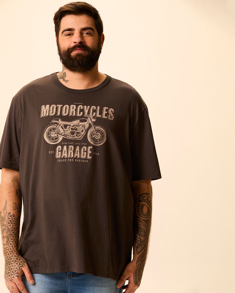 Camiseta Masculina Plus Size Regular Motorcycles Garage Em Algodão