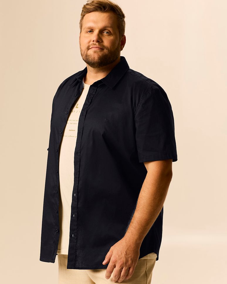 Camisa Masculina Plus Size Regular Manga Curta Em Algodão Com Elastano