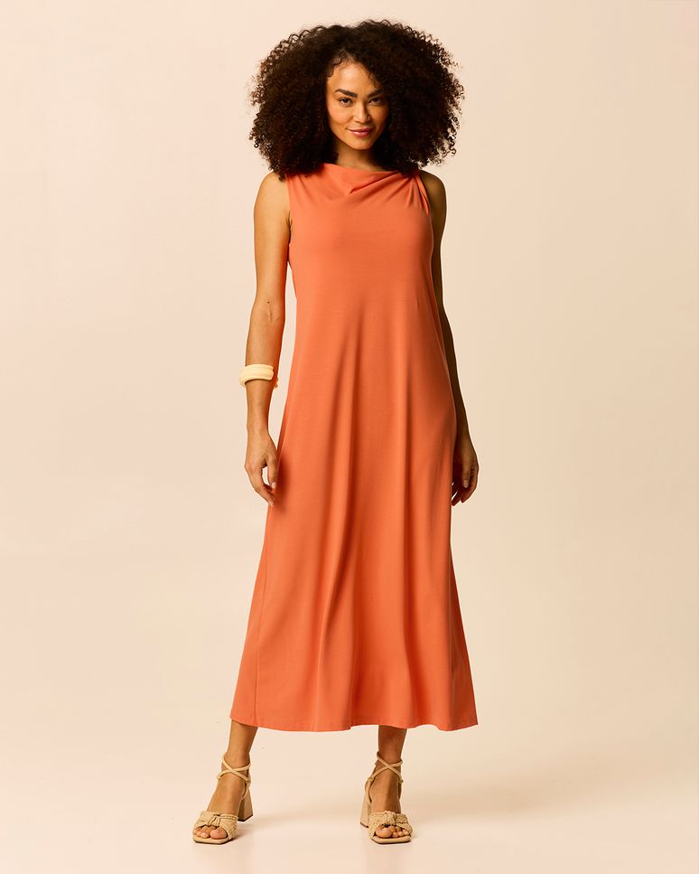 Vestido Midi Feminino Evasê Detalhe De Torção Em Malha Crepe