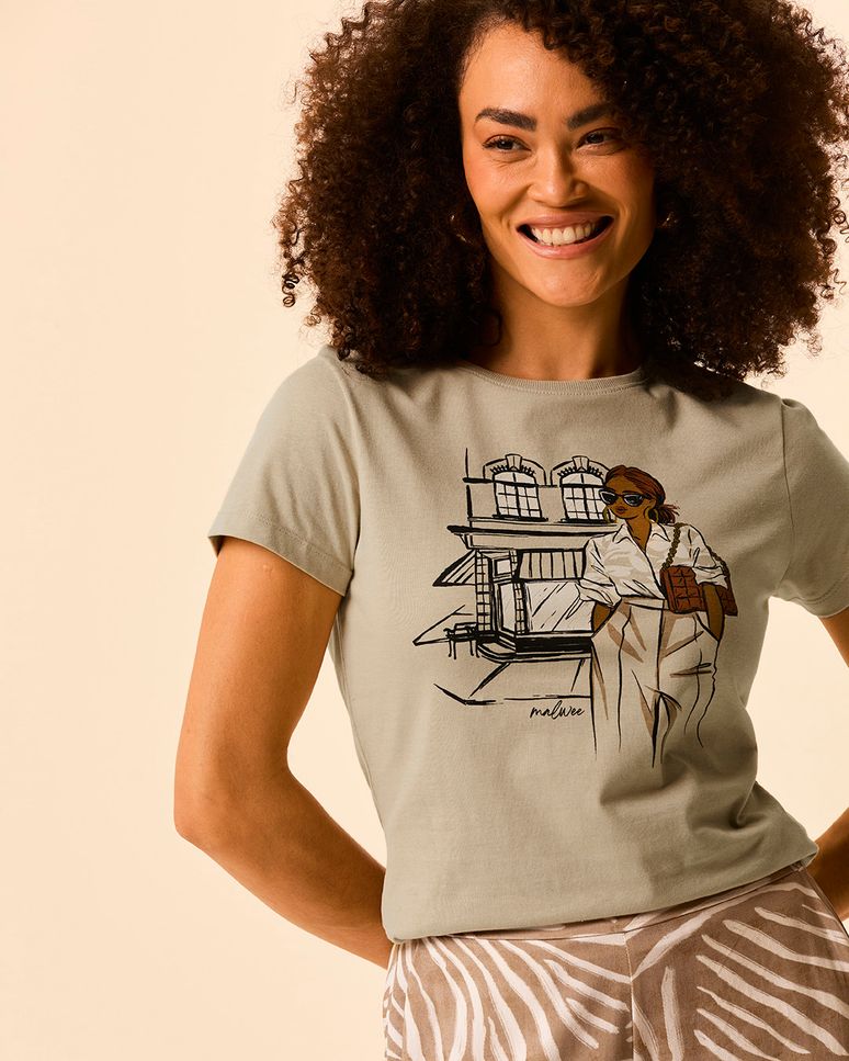 Camiseta Feminina Slim Estampas Variadas Em Malha 100% Algodão