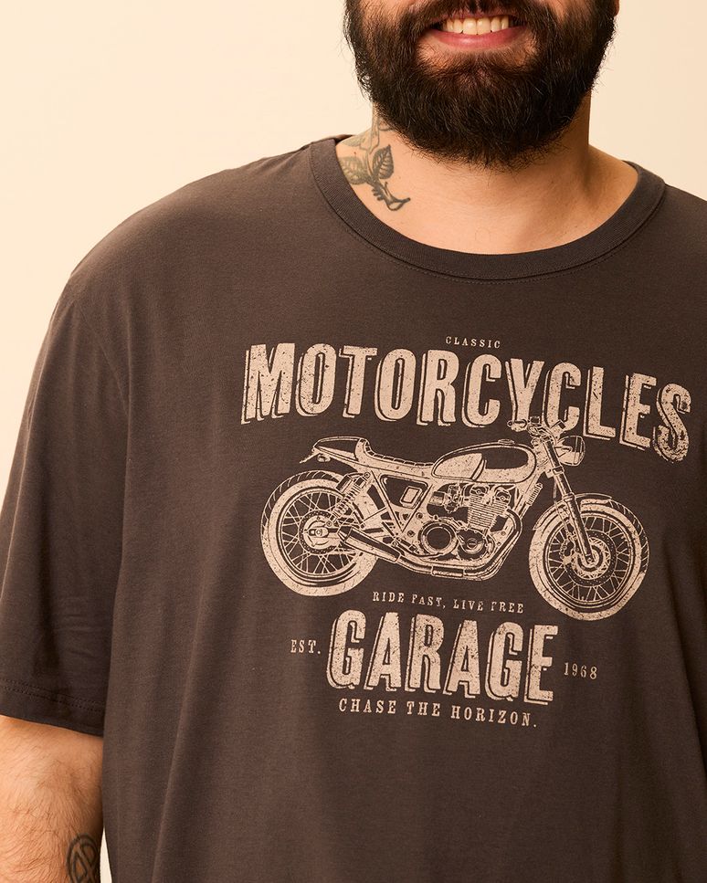 Camiseta Masculina Plus Size Regular Motorcycles Garage Em Algodão