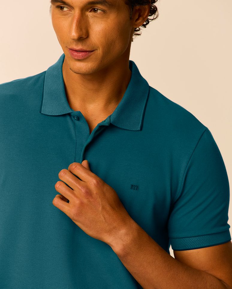 Camisa Polo Básica Masculina Slim Manga Costura Contraste Em Piquet Stretch