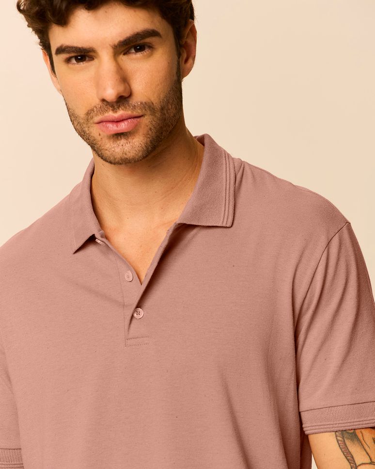 Camisa Polo Masculina Regular Peitilho Frontal Em Malha Linho
