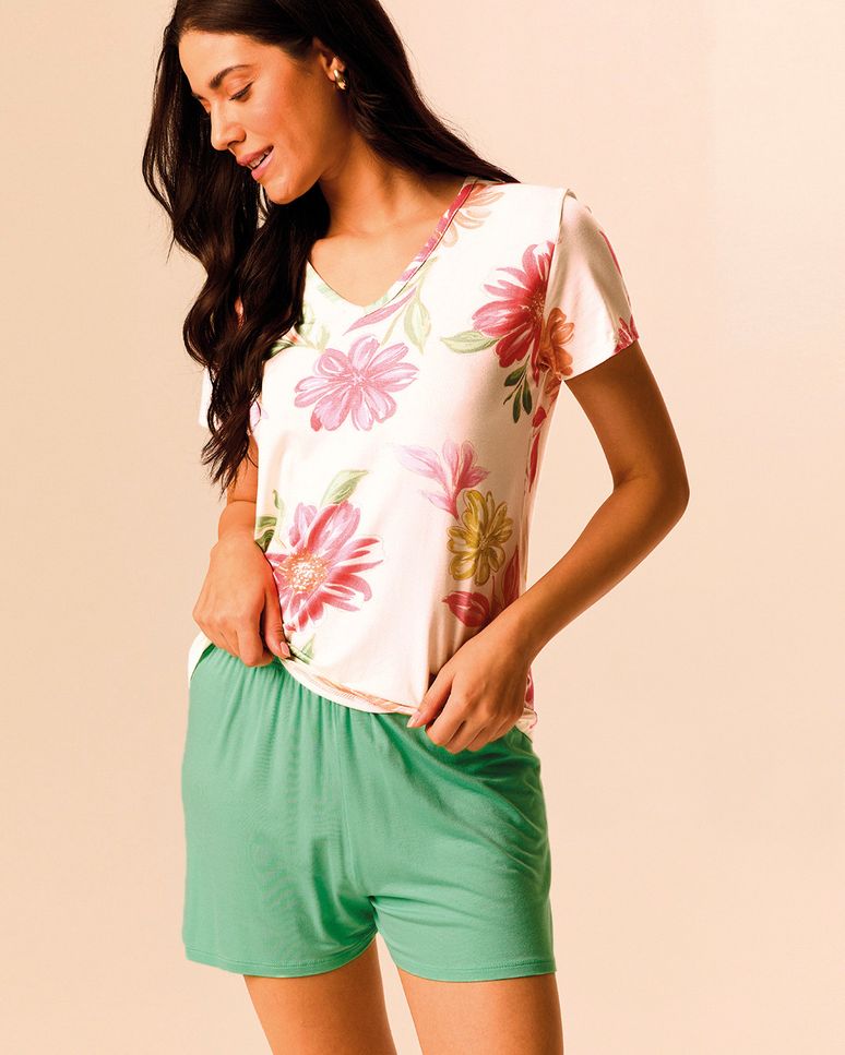 Pijama Curto Feminino Blusa Estampa Digital E Shorts Em Viscose Stretch