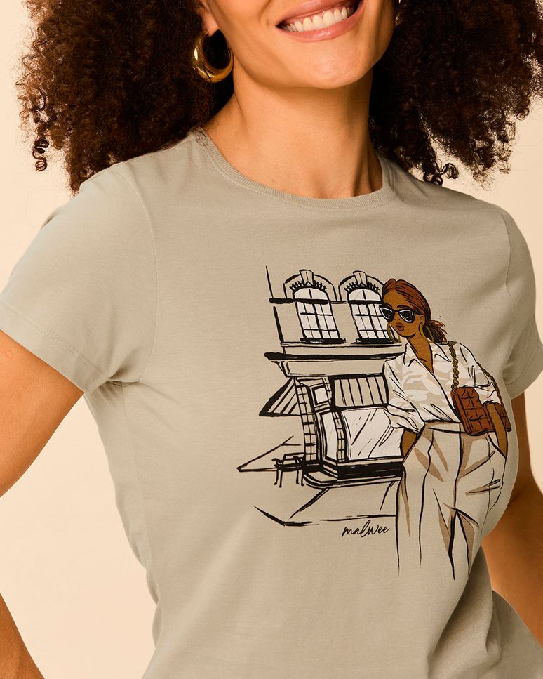 Camiseta Feminina Slim Estampas Variadas Em Malha 100% Algodão