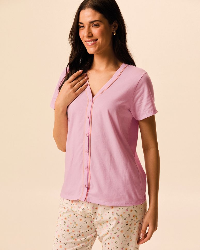 Pijama Curto Feminino Camisa Abotoamento Frontal E Bermuda Em Algodão