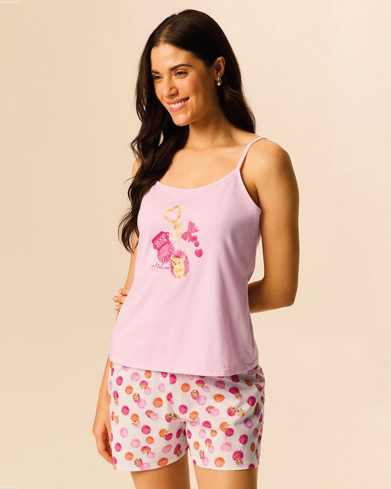 Pijama Curto Feminino Regata Alça Fina Estampada Em Algodão