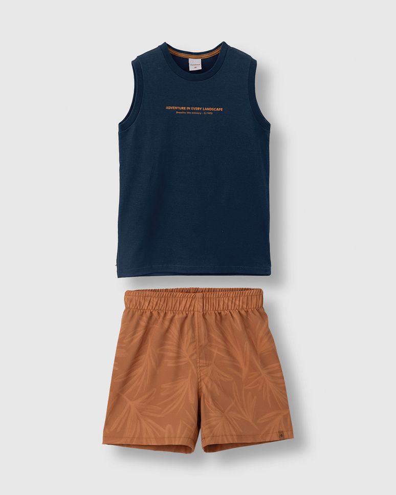 Conjunto Menino Regata Estampa Puff Frente E Costas Em Algodão - Carinhoso
