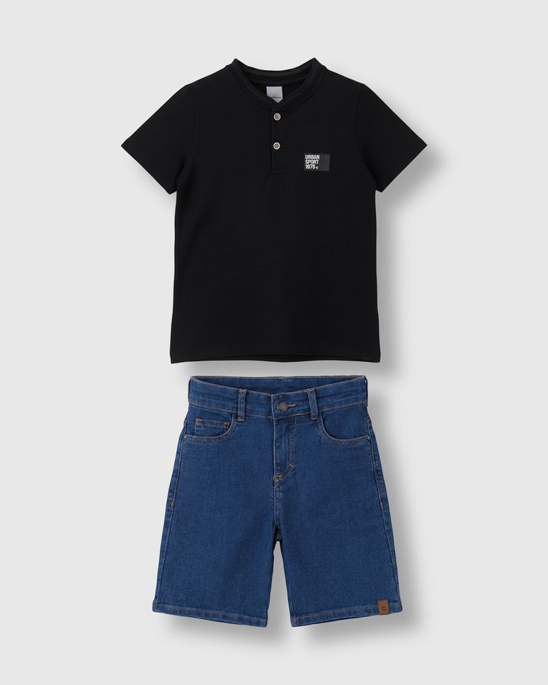 Conjunto Menino Camiseta Peitilho E Bermuda Jeans Stretch - Carinhoso