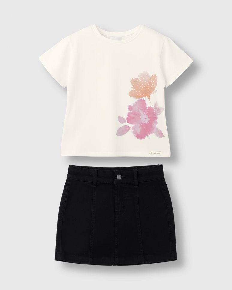 Conjunto Menina Blusa Box E Shorts Saia Em Sarja Stretch - Carinhoso