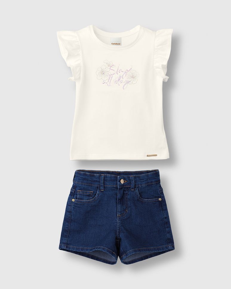 Conjunto Menina Blusa Bordado Lantejoulas E Shorts Jeans Stretch - Carinhoso