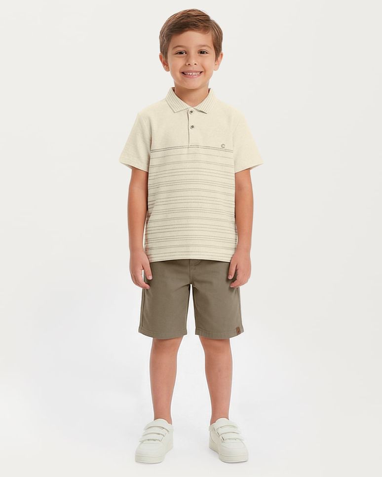Conjunto Menino Camisa Polo Estampa HD Listras Em Malha Linho - Carinhoso