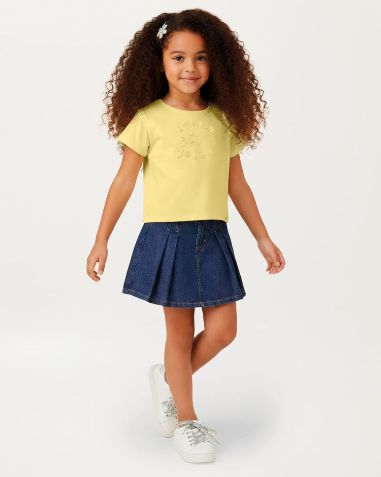 Conjunto Menina Blusa E Shorts Saia Em Jeans Leve 100% Algodão - Carinhoso