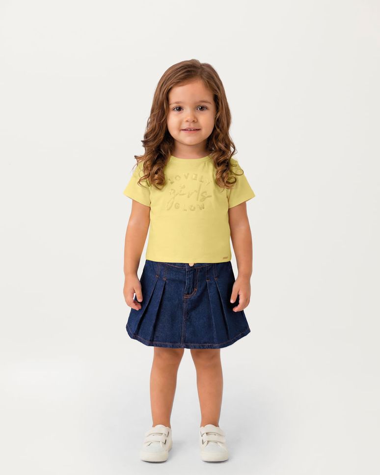 Conjunto Menina Blusa E Shorts Saia Em Jeans Leve 100% Algodão - Carinhoso