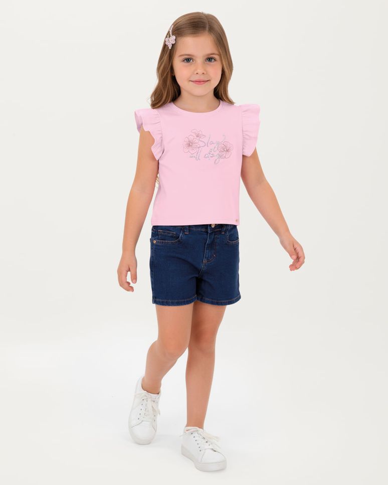 Conjunto Menina Blusa Bordado Lantejoulas E Shorts Jeans Stretch - Carinhoso