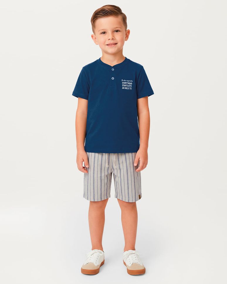 Conjunto Menino Bermuda Em Piquet Listrado Linho - Carinhoso
