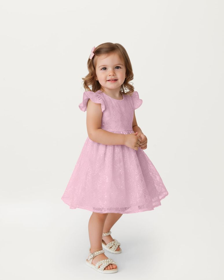 Vestido Menina Rodado Em Tule Bordado - Carinhoso
