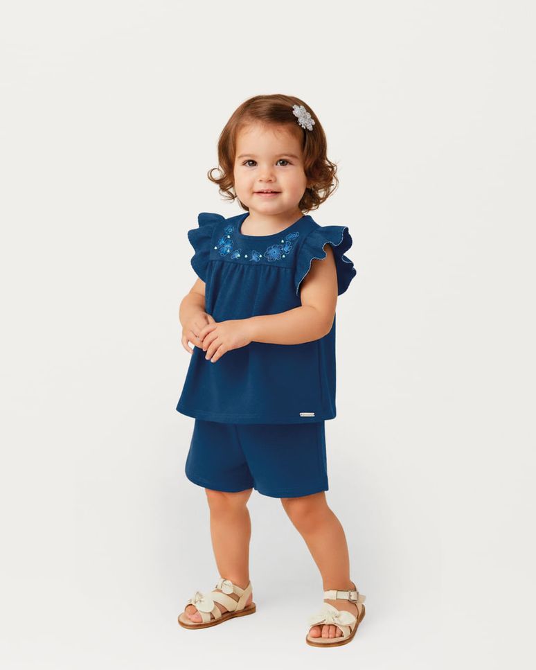 Conjunto Menina Blusa Bordado Lantejoula Frontal E Shorts - Carinhoso