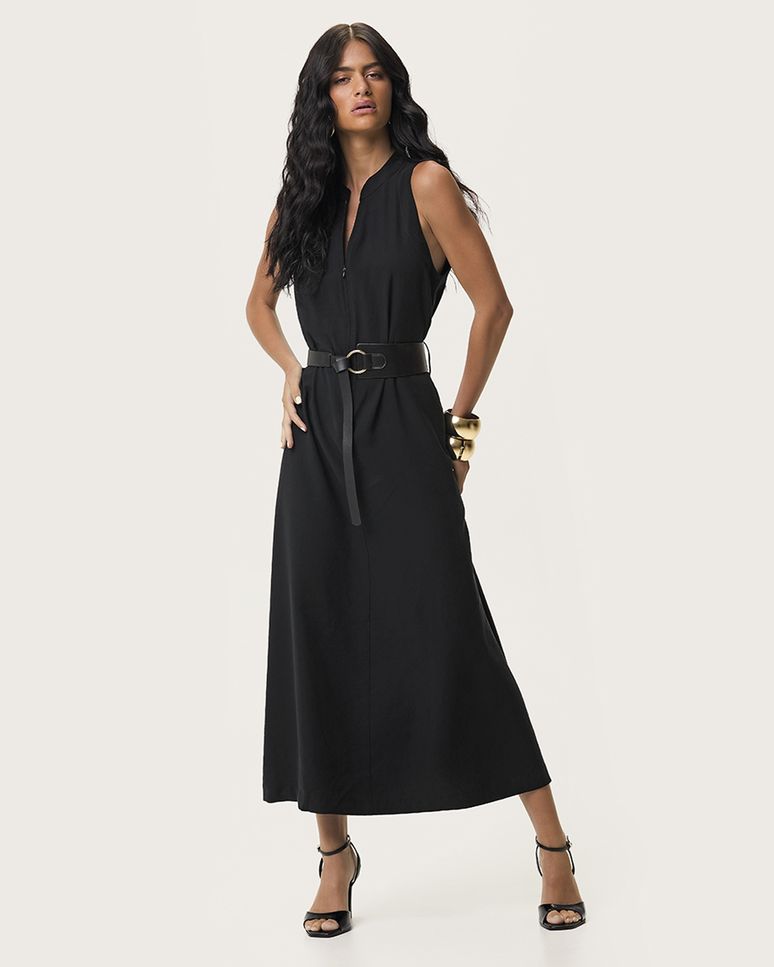 Vestido Midi Feminino Abertura Zíper Acompanha Cinto Viscose Sarjada - ENFIM